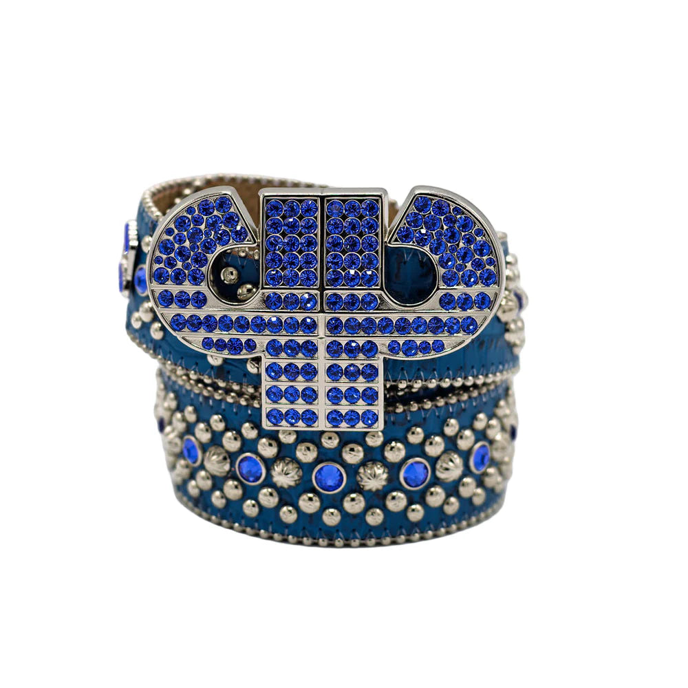 Blue BCBG belt with chrome studs 80s Blue Studded Skinny Leather Belt - 34 Inch - Etsy main image 3