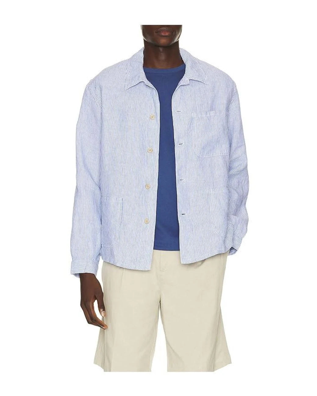slubby linen striped chore overshirt in blue