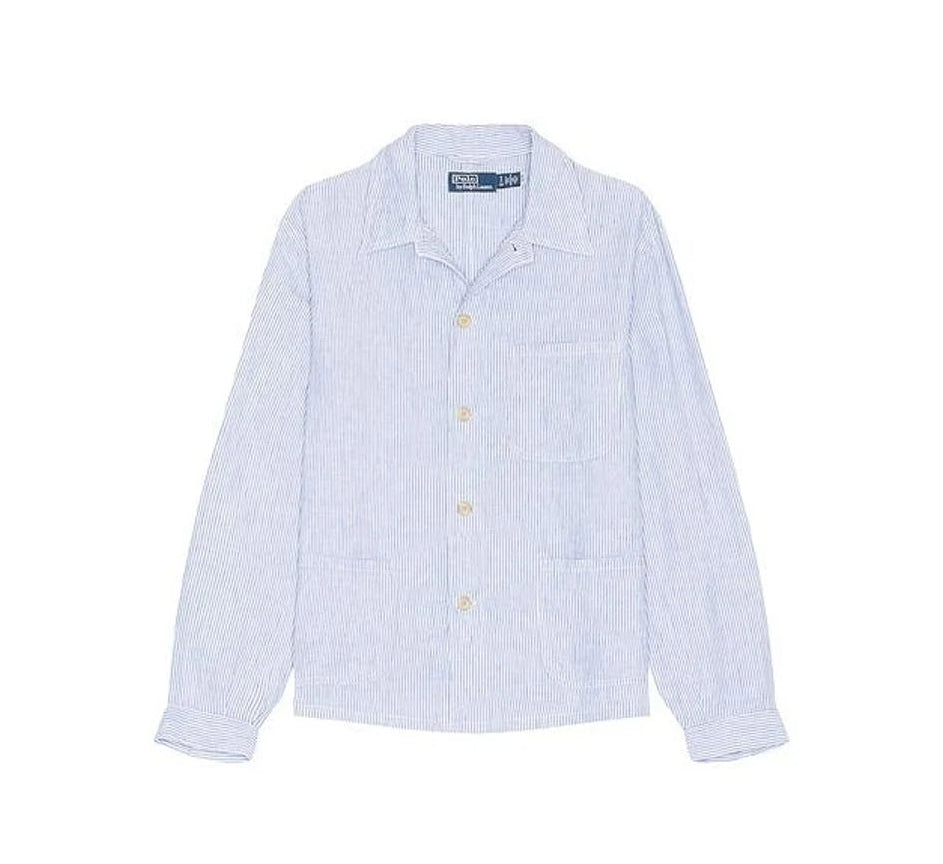 slubby linen striped chore overshirt in blue