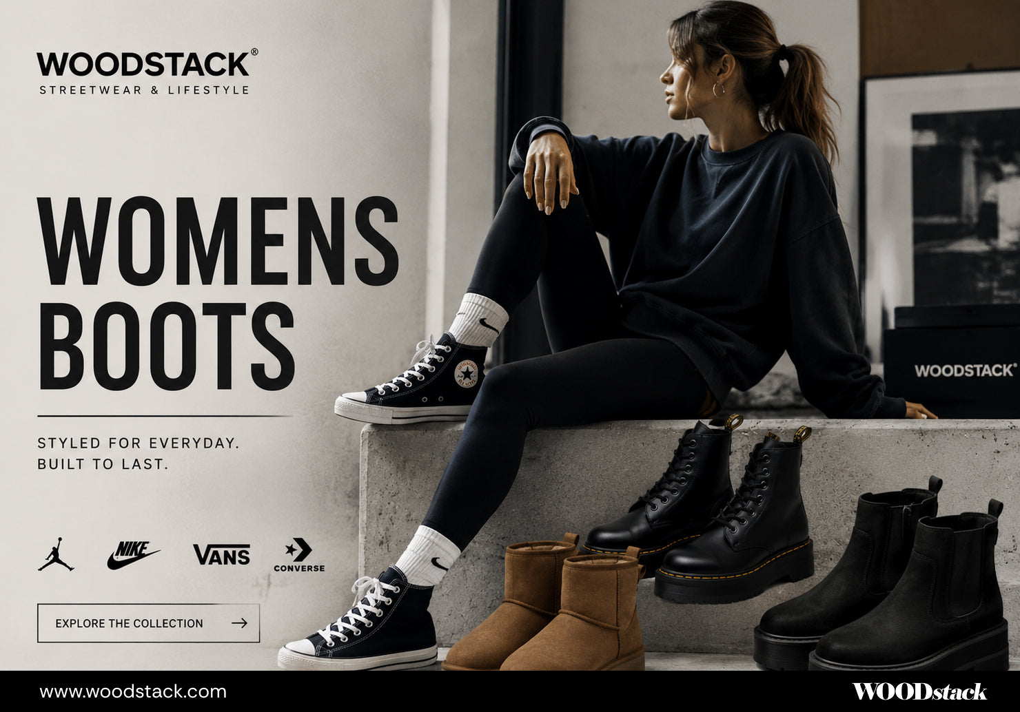 Woodstack womens boots collection featuring black lace-up boots, Chelsea boots, brown winter boots, and high-top sneakers styled with a casual streetwear outfit.