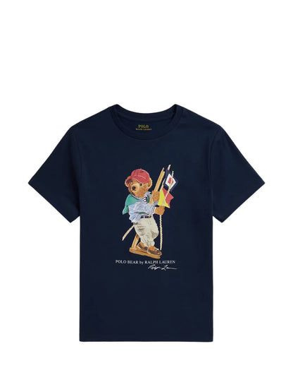 JERSEY KNIT NOVELTY SAILING BEAR CREWNECK GRAPHIC T-SHIRT