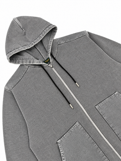 Canvas Panel Zip Hoodie Washed Grey
