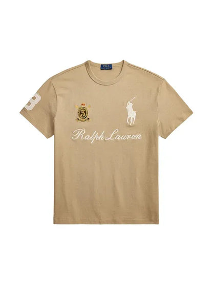 Short Sleeve Knit Novelty Patch Brown T-Shirt