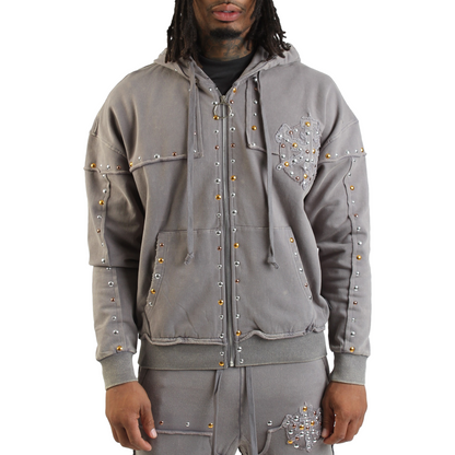 Stones Studs Gray  Full Zip Hoodie