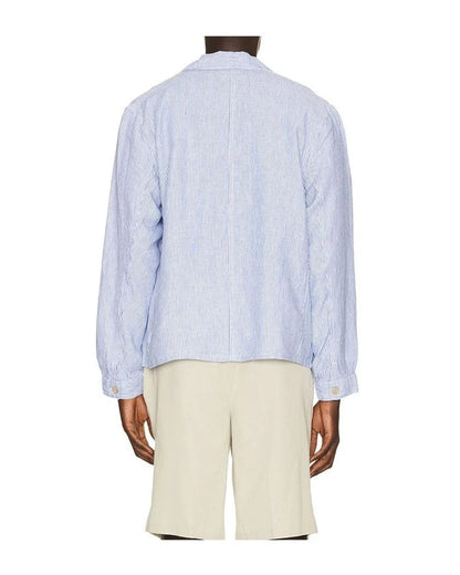 slubby linen striped chore overshirt in blue