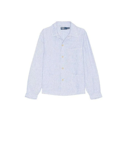 slubby linen striped chore overshirt in blue